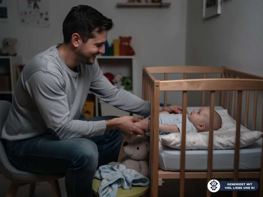 Vater sitzt am Babybett, hält die Füße seines Babys und lächelt es im abgedunkelten Kinderzimmer an. (mit KI erstellt)