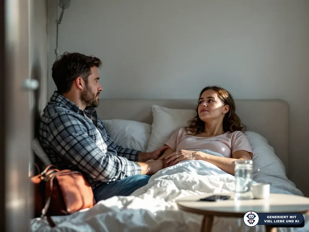 Vater sitzt am Bett einer Schwangeren und hält ihre Hand in einem hellen Kreißsaal. (mit KI erstellt)