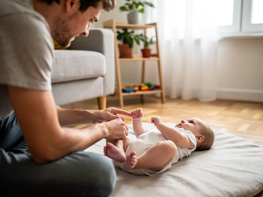 Vater sitzt am Boden und hält die Füße seines Babys, das auf einer Decke im Wohnzimmer liegt.