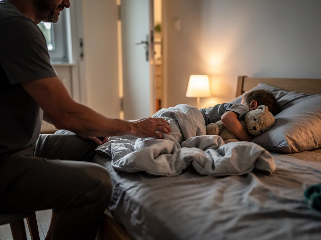 Vater sitzt am Kinderbett und beruhigt ein schlafendes Kind mit Teddy im warm beleuchteten Schlafzimmer.