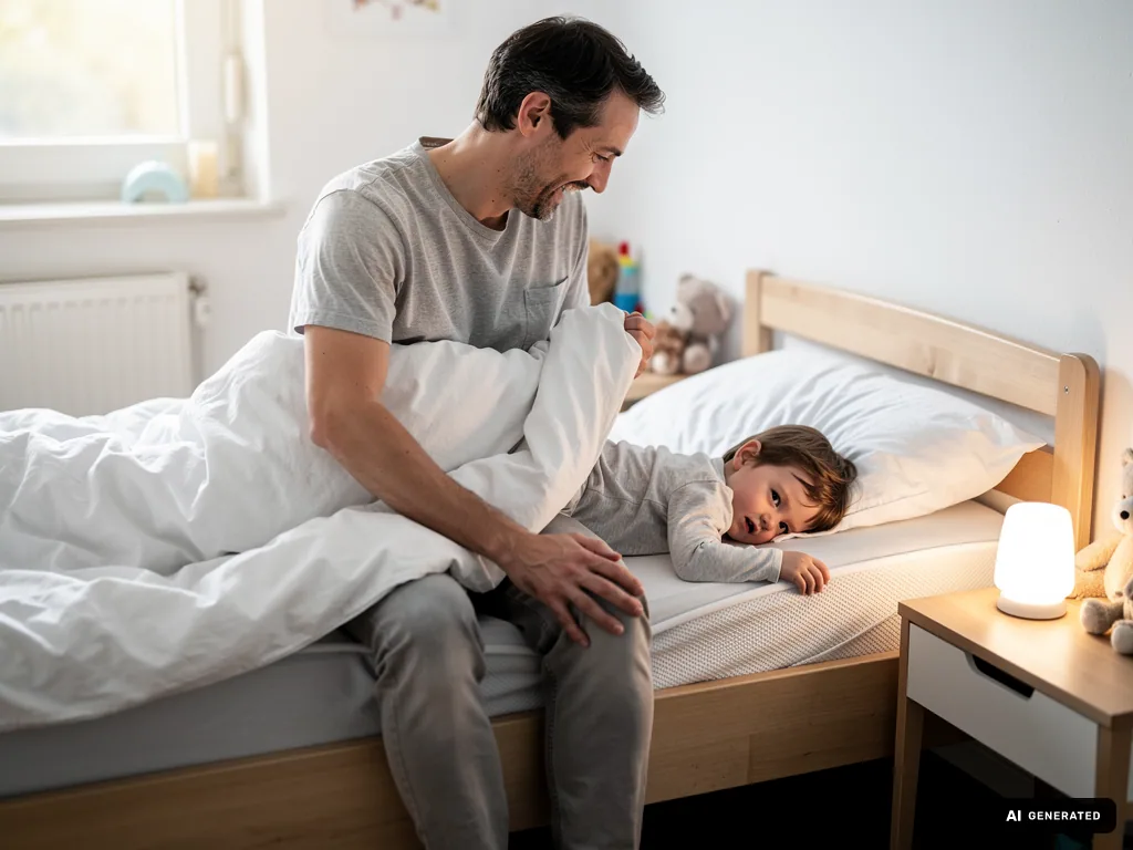 Vater sitzt am Kinderbett und deckt sein schlafendes Kind in einem hellen Kinderzimmer zu. (mit KI erstellt)