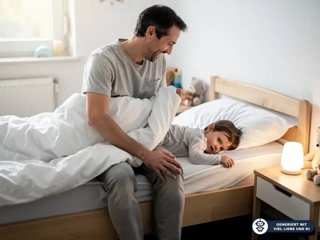 Vater sitzt am Kinderbett und deckt sein schlafendes Kind in einem hellen Kinderzimmer zu. (mit KI erstellt)