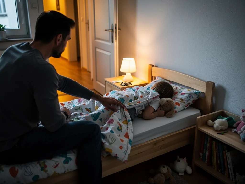 Vater sitzt am Kinderbett und deckt sein schlafendes Kind mit Kuscheltier im abgedunkelten Zimmer zu.