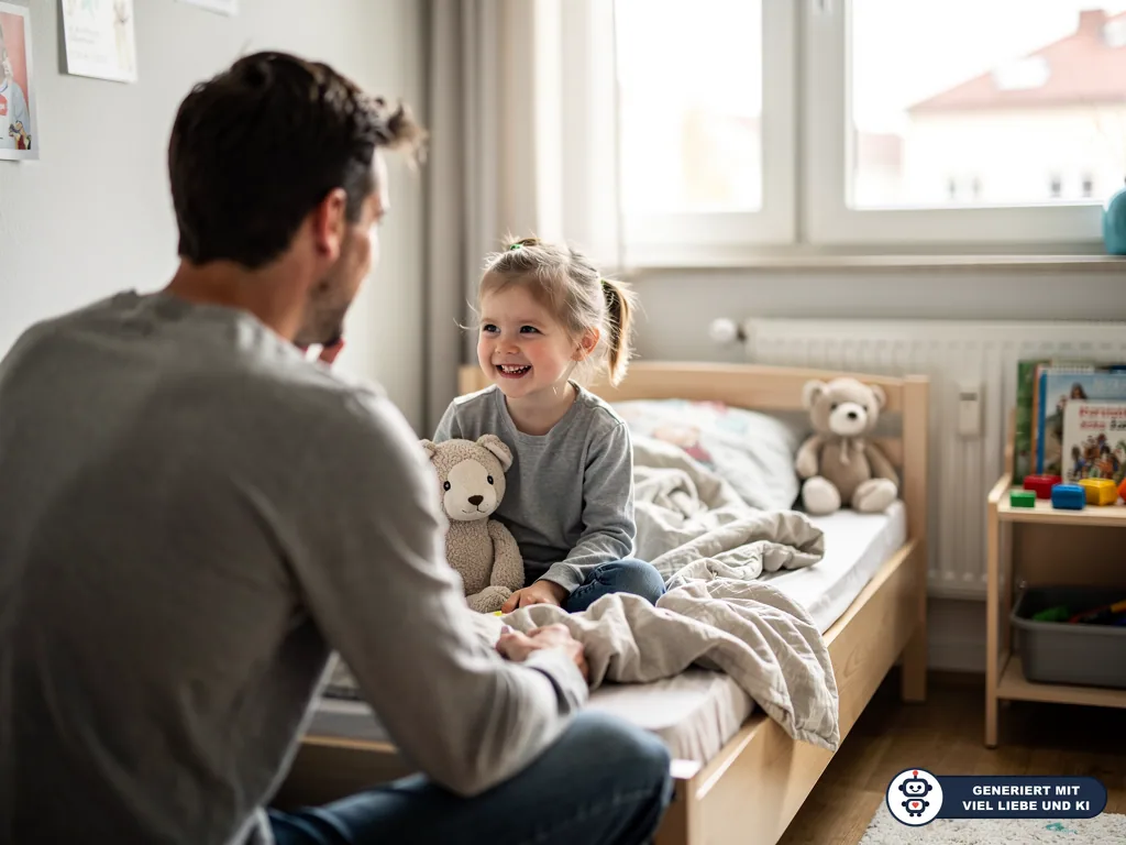 Vater sitzt am Kinderbett und spricht mit lächelnder Tochter, die mit Kuscheltier auf zerwühlter Bettdecke sitzt. (mit KI erstellt)