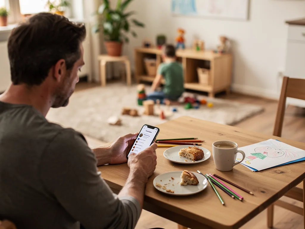 Vater sitzt am Küchentisch mit Smartphone, während sein Kind im Hintergrund im Wohnzimmer spielt.