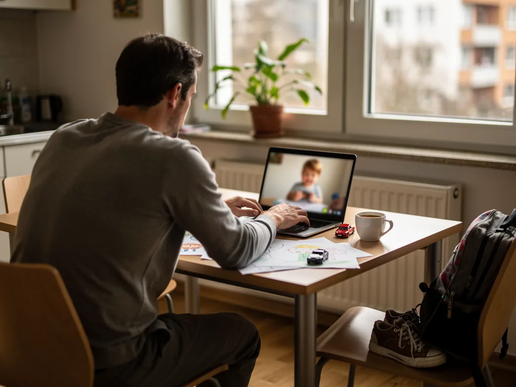 Vater sitzt am Küchentisch und spricht per Laptop-Videochat mit seinem Kind; Zeichnungen und Spielzeug liegen daneben.