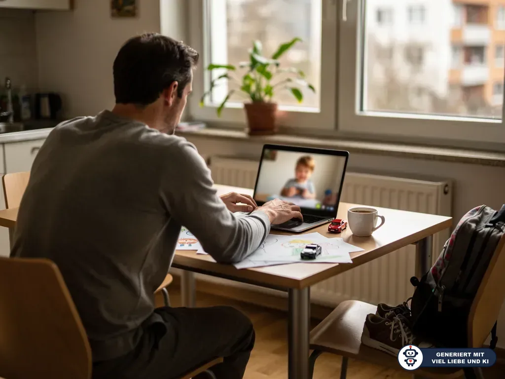 Vater sitzt am Küchentisch und spricht per Laptop-Videochat mit seinem Kind; Zeichnungen und Spielzeug liegen daneben. (mit KI erstellt)