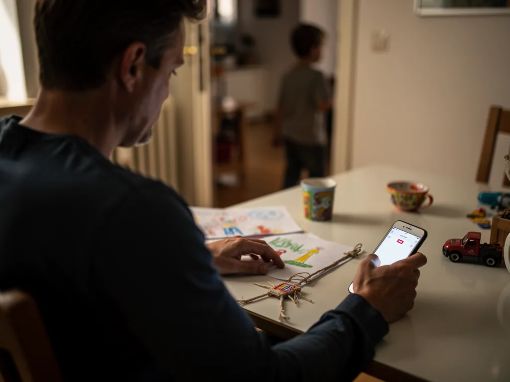 Vater sitzt am Tisch mit Kinderzeichnungen und Smartphone, während sein Kind im Hintergrund durch eine Tür geht.
