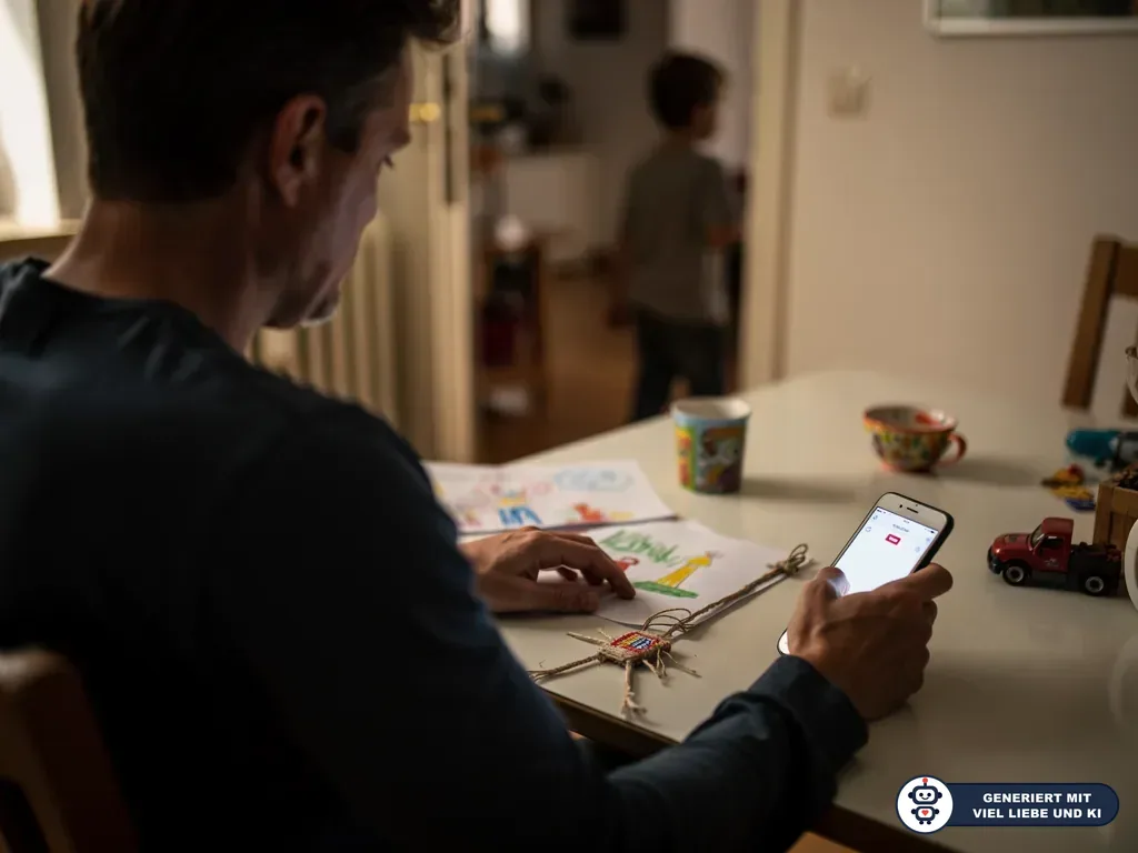 Vater sitzt am Tisch mit Kinderzeichnungen und Smartphone, während sein Kind im Hintergrund durch eine Tür geht. (mit KI erstellt)