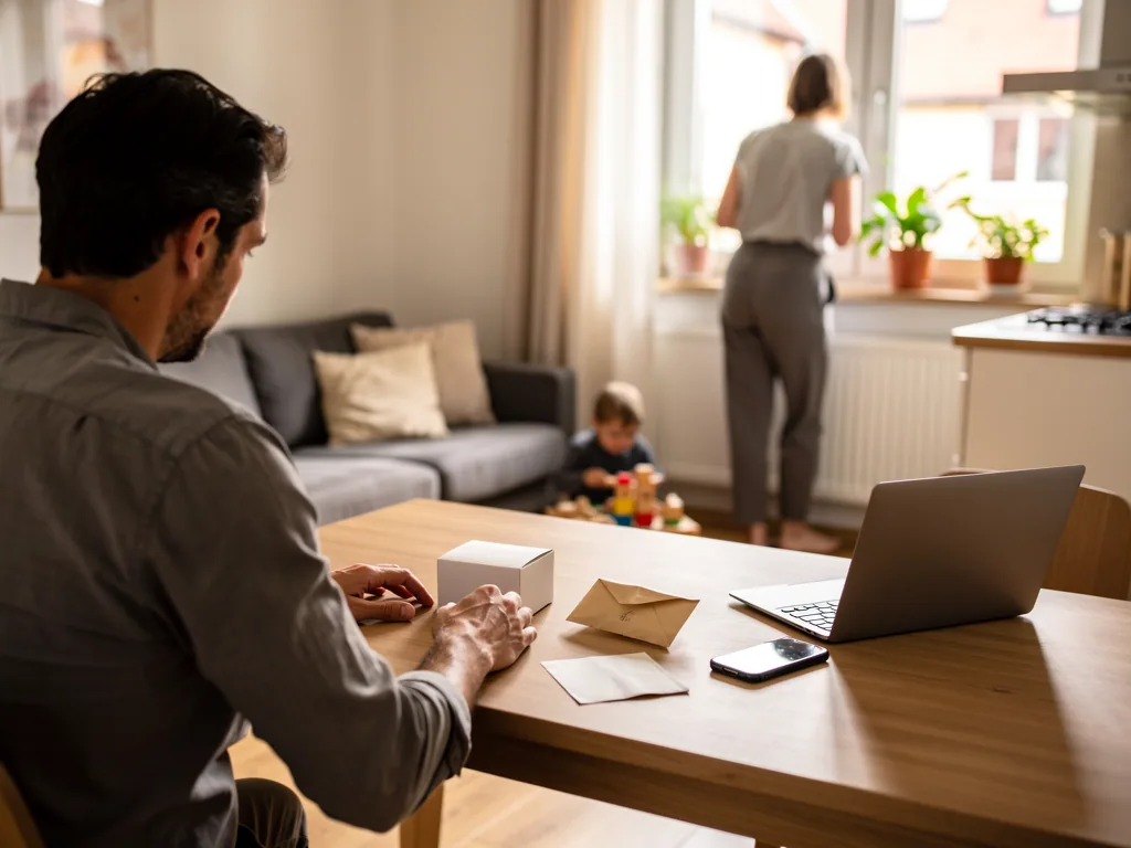 Vater sitzt am Tisch mit Testpaket, Umschlägen und Laptop; Kind spielt, Mutter steht am Fenster.