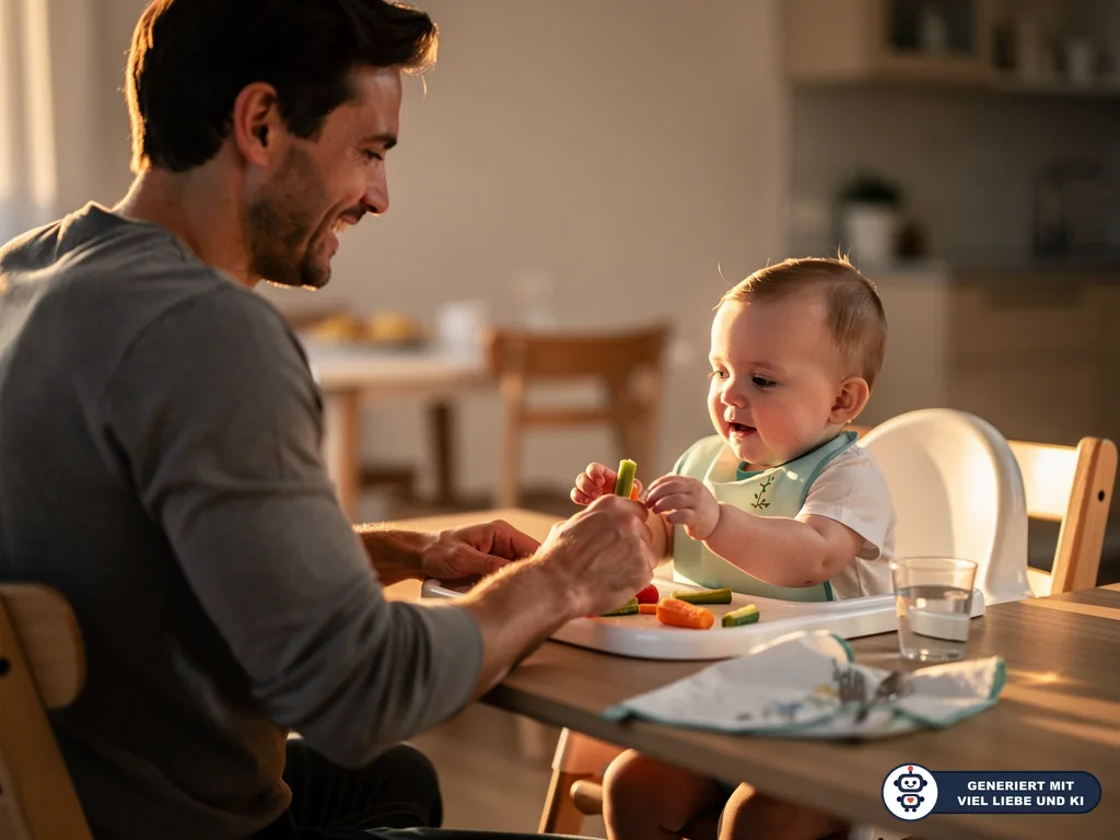 Vater sitzt am Tisch und reicht Baby im Hochstuhl Gemüsesticks zum selbstständigen Essen. (mit KI erstellt)