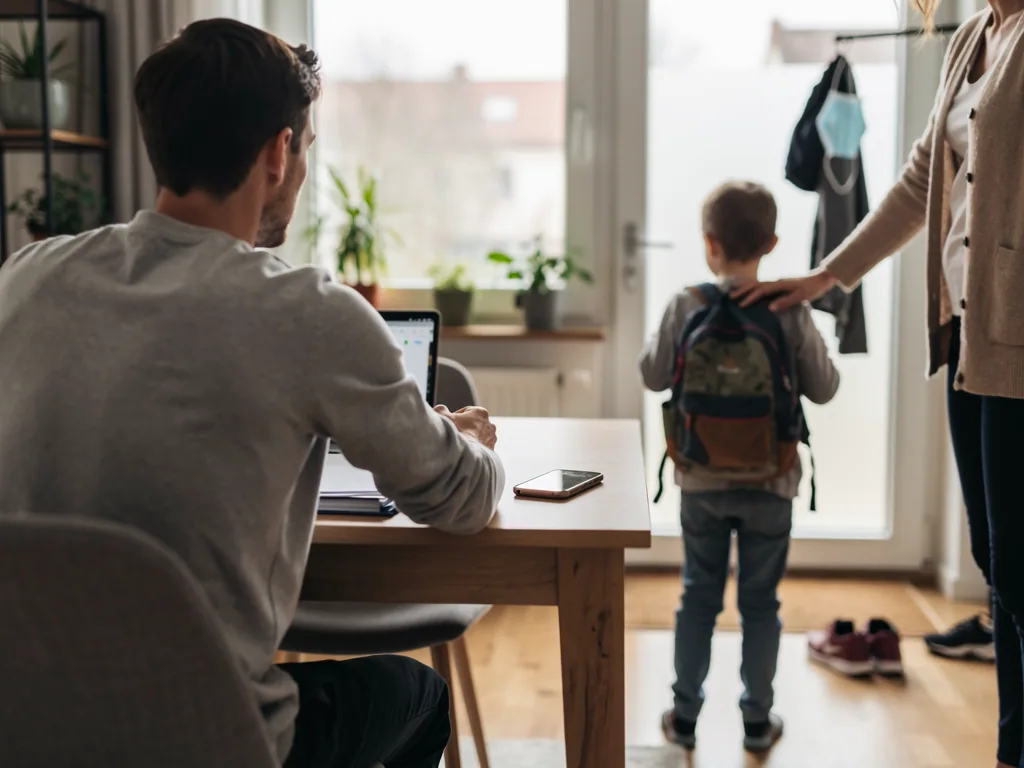Vater sitzt am Tisch, während Mutter und Kind mit Rucksack an der Wohnungstür stehen.