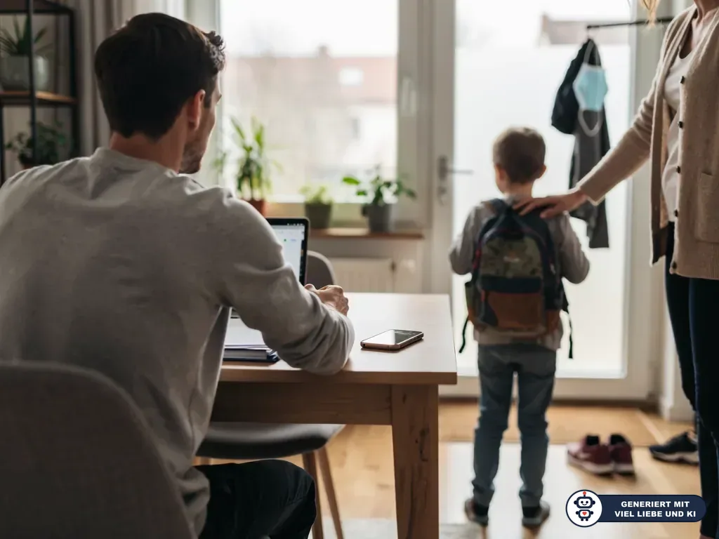 Vater sitzt am Tisch, während Mutter und Kind mit Rucksack an der Wohnungstür stehen. (mit KI erstellt)