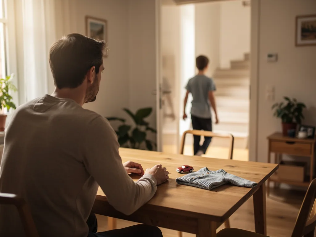 Vater sitzt am Tisch, während sein Kind den Raum verlässt; auf dem Tisch liegen Spielzeugauto und Pullover.