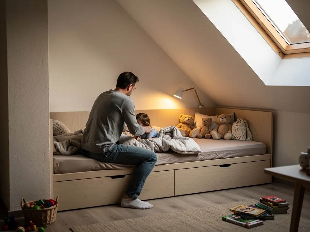 Vater sitzt an einem Kinderbett unter der Dachschräge und deckt ein Kind in einer beleuchteten Schlafnische zu.