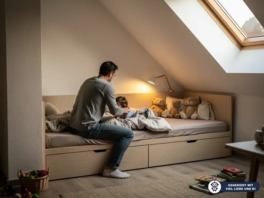 Vater sitzt an einem Kinderbett unter der Dachschräge und deckt ein Kind in einer beleuchteten Schlafnische zu. (mit KI erstellt)