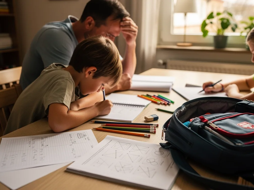 Vater sitzt angespannt am Tisch, während ein Kind Hausaufgaben macht; Hefte, Stifte und Schulranzen liegen daneben.