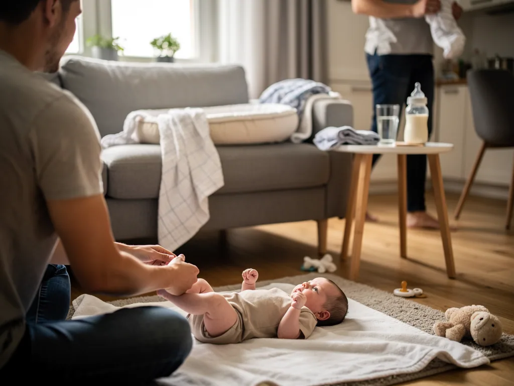 Vater sitzt auf dem Boden und bewegt die Beine seines Babys; im Hintergrund trägt ein Elternteil Kleidung weg.