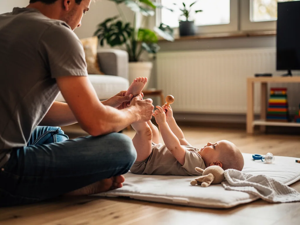 Vater sitzt auf dem Boden und spielt mit seinem Baby auf einer Krabbeldecke mit Rassel.