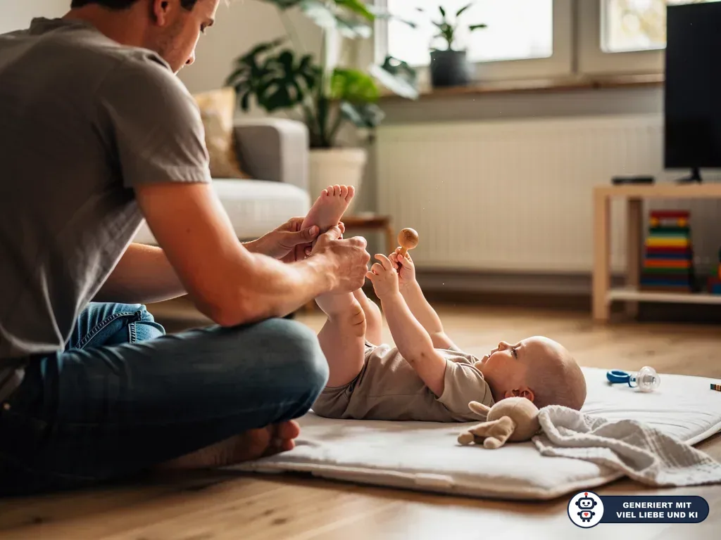 Vater sitzt auf dem Boden und spielt mit seinem Baby auf einer Krabbeldecke mit Rassel. (mit KI erstellt)
