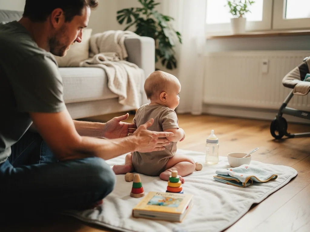 Vater sitzt auf dem Boden und stützt sein Baby beim Sitzen auf einer Spieldecke im Wohnzimmer.