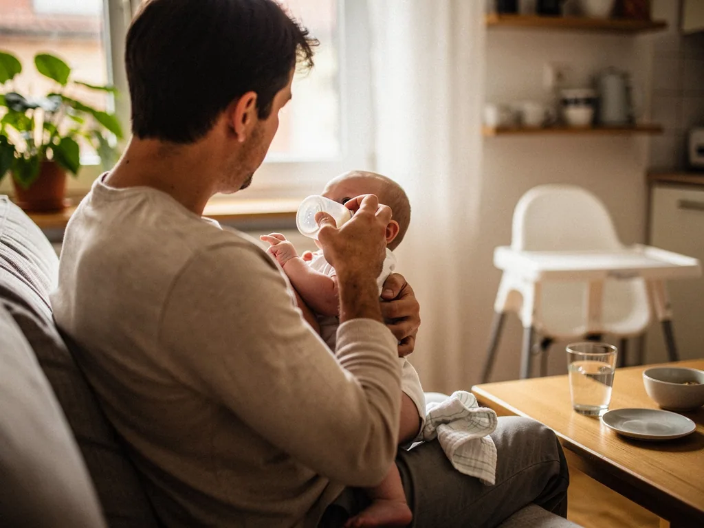 Vater sitzt auf dem Sofa und füttert sein Baby mit einer Flasche in der hellen Wohnküche.