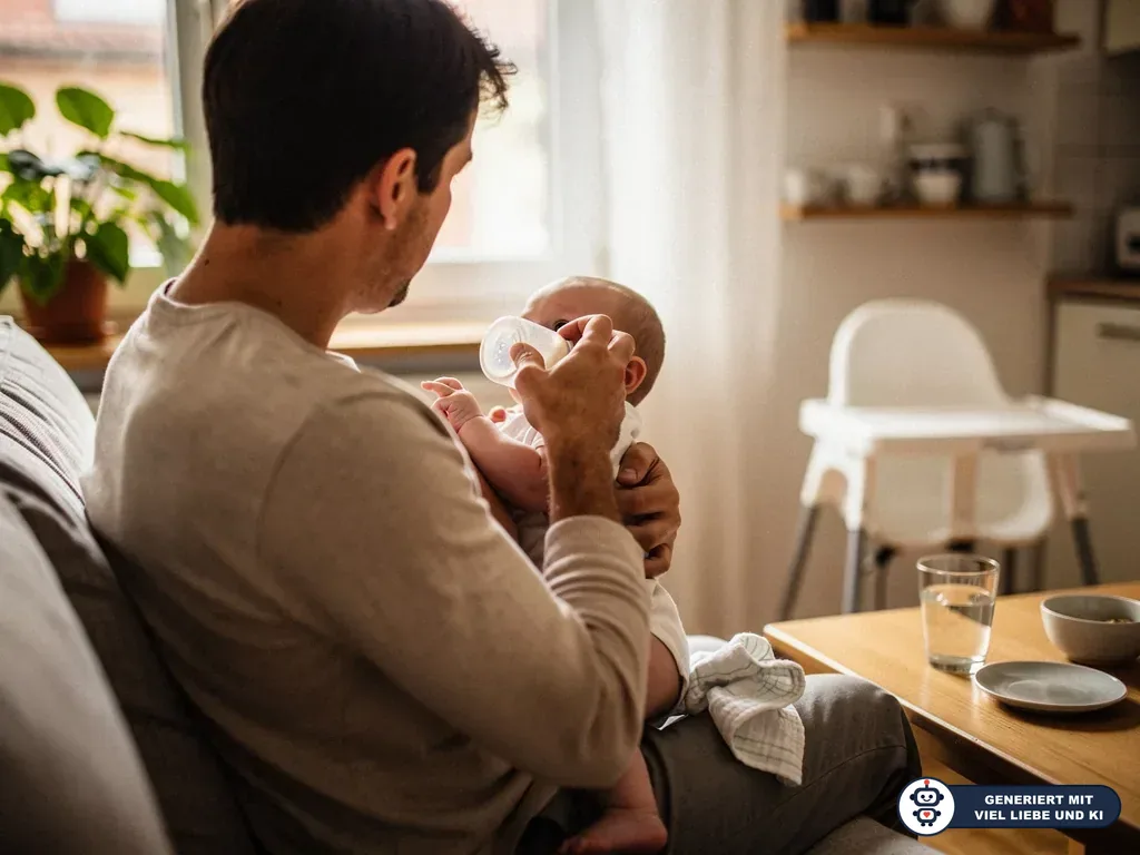 Vater sitzt auf dem Sofa und füttert sein Baby mit einer Flasche in der hellen Wohnküche. (mit KI erstellt)