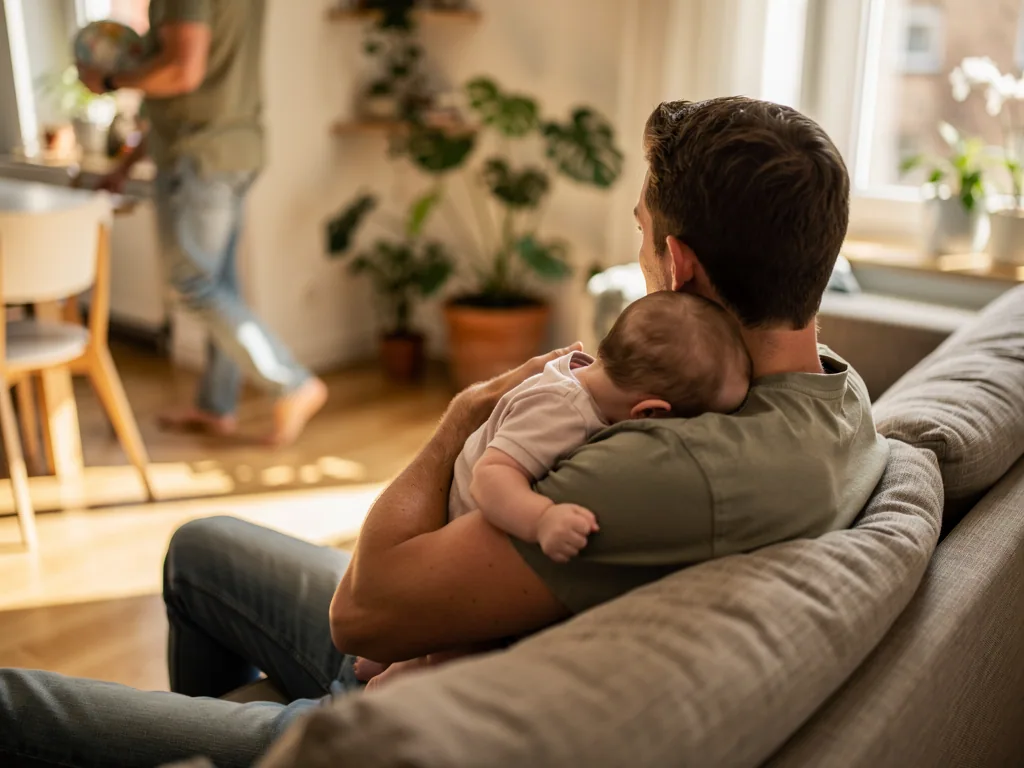 Vater sitzt auf dem Sofa und hält ein Baby an der Schulter, im Hintergrund steht eine weitere Person in der Küche.