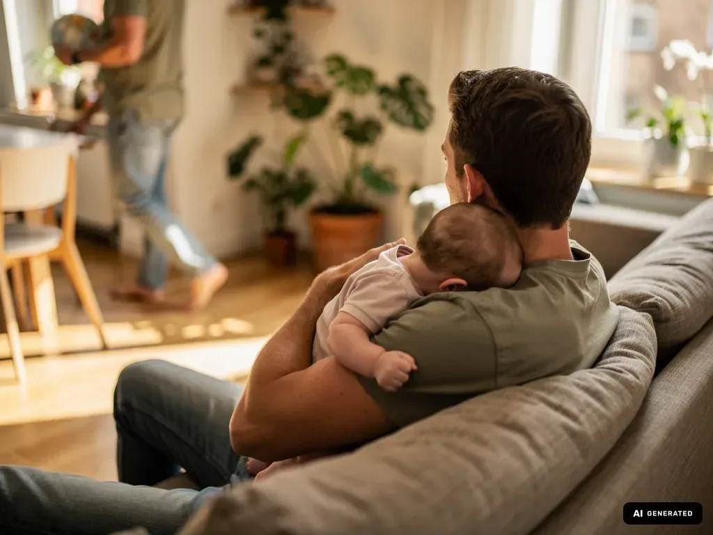 Vater sitzt auf dem Sofa und hält ein Baby an der Schulter, im Hintergrund steht eine weitere Person in der Küche. (mit KI erstellt)