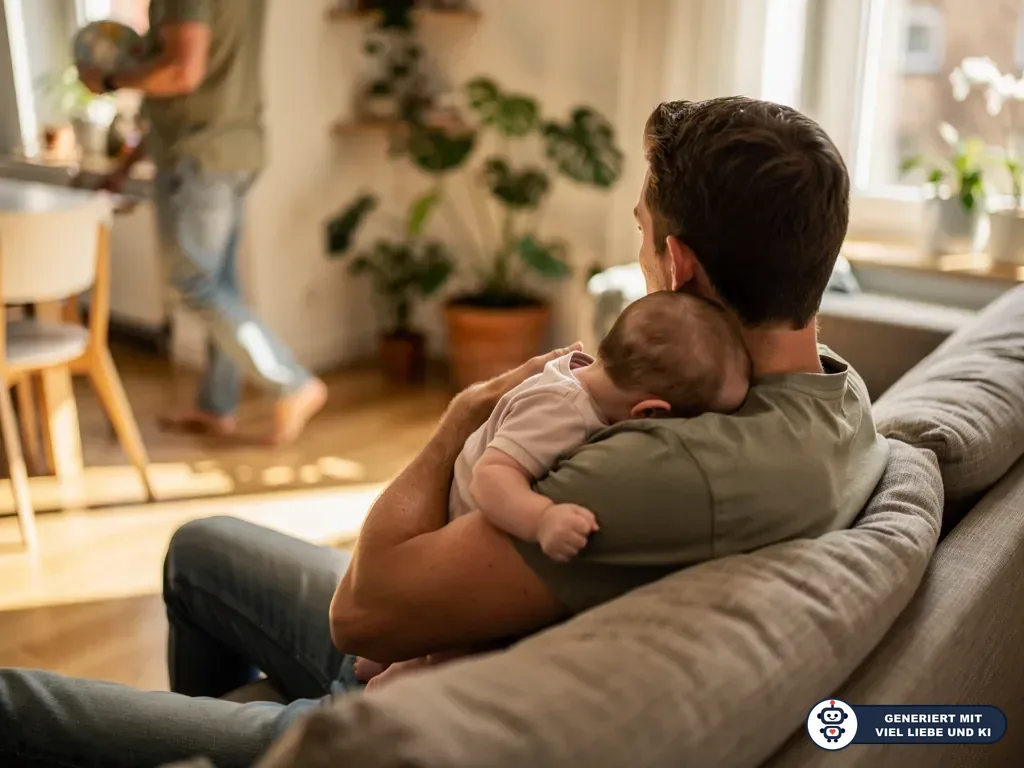 Vater sitzt auf dem Sofa und hält ein Baby an der Schulter, im Hintergrund steht eine weitere Person in der Küche. (mit KI erstellt)