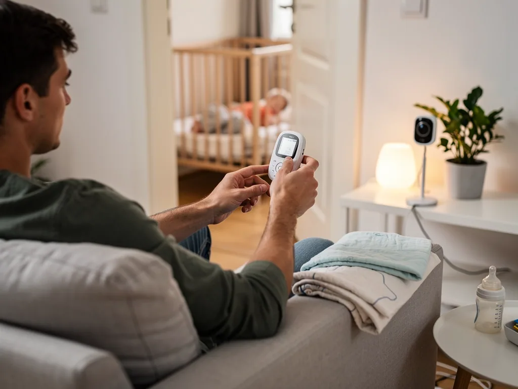 Vater sitzt auf dem Sofa und hält ein Babyphone, während das Baby im Kinderbett im Nebenzimmer liegt.