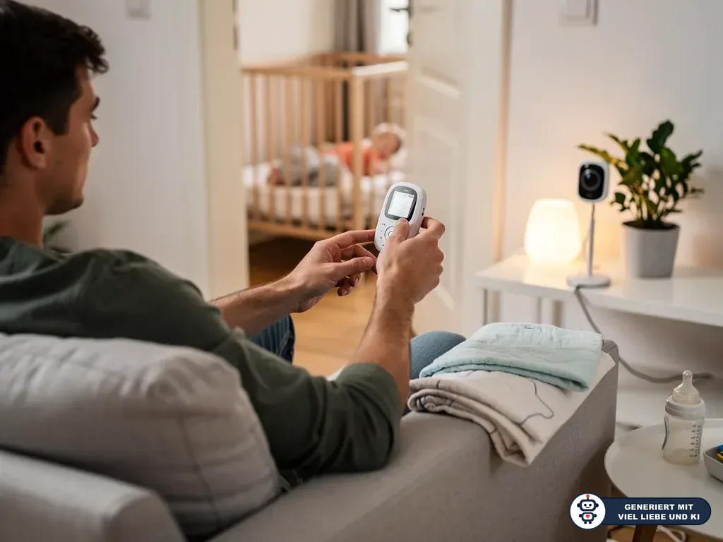 Vater sitzt auf dem Sofa und hält ein Babyphone, während das Baby im Kinderbett im Nebenzimmer liegt. (mit KI erstellt)