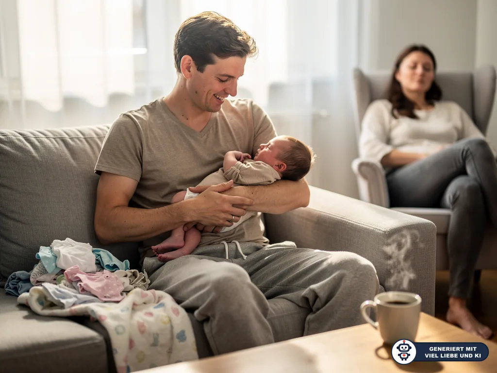 Vater sitzt auf dem Sofa und hält ein Neugeborenes im Arm, daneben Babywäsche; Mutter ruht im Sessel. (mit KI erstellt)