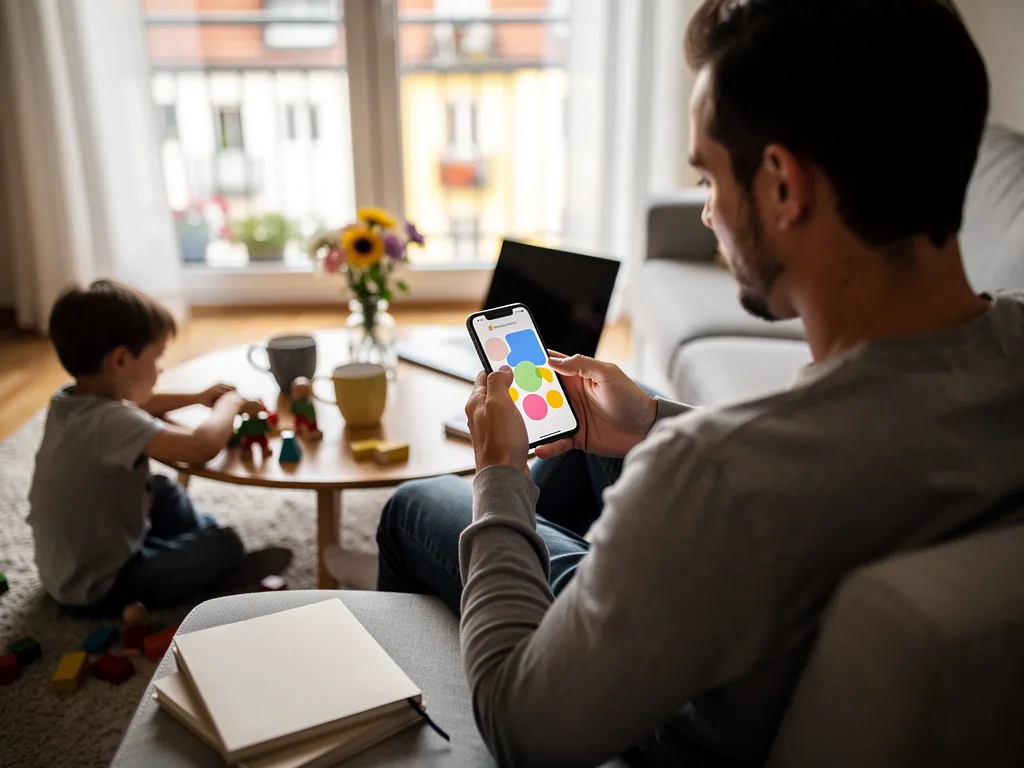 Vater sitzt auf dem Sofa und nutzt eine Dating-App, während sein Kind am Couchtisch mit Spielzeug spielt.