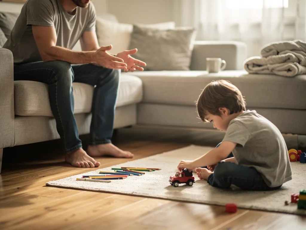 Vater sitzt auf dem Sofa und spricht mit Kind, das auf dem Teppich mit Spielzeugauto und Stiften spielt.