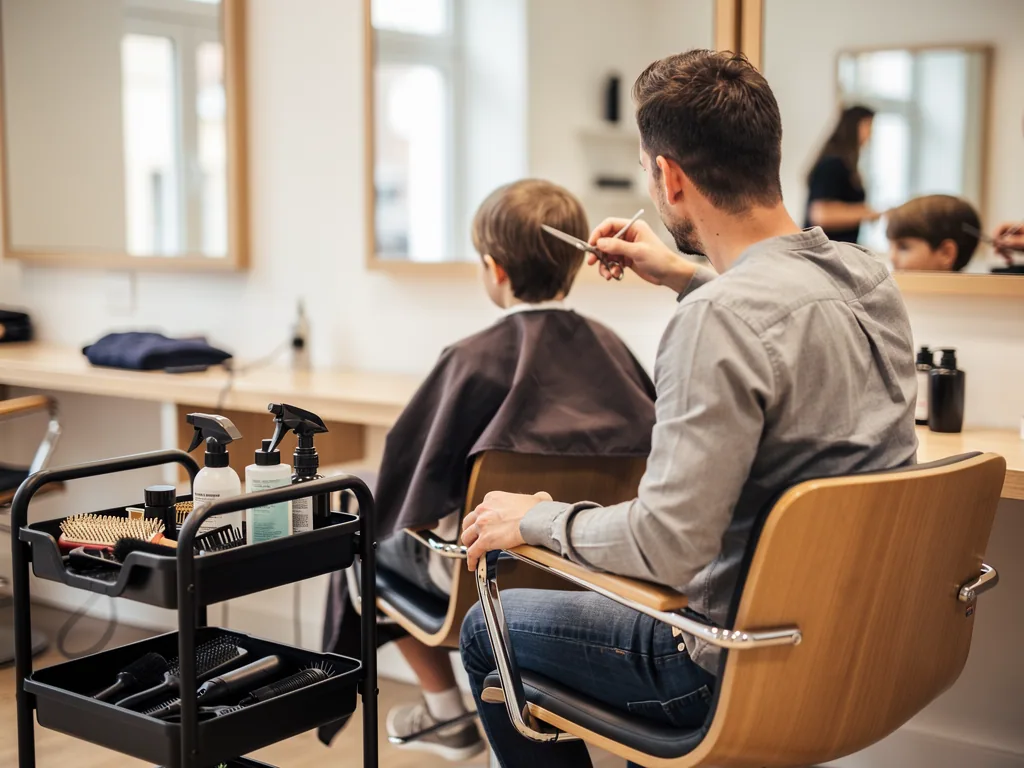 Vater sitzt beim Friseur neben seinem Kleinkind, während der Friseur die Haare schneidet.