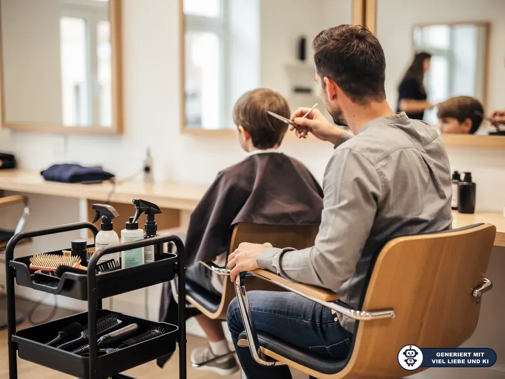 Vater sitzt beim Friseur neben seinem Kleinkind, während der Friseur die Haare schneidet. (mit KI erstellt)