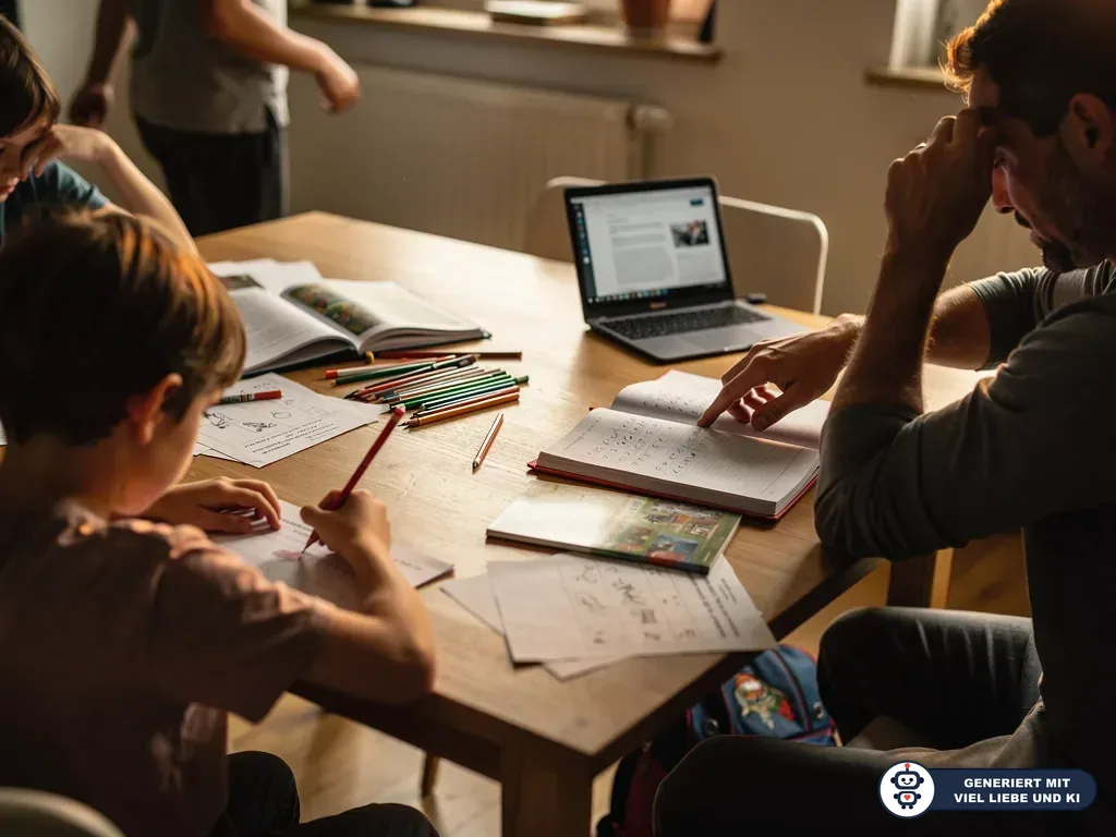 Vater sitzt gestresst mit Kindern am Tisch, während sie Hausaufgaben machen; Hefte, Stifte und Laptop liegen bereit. (mit KI erstellt)