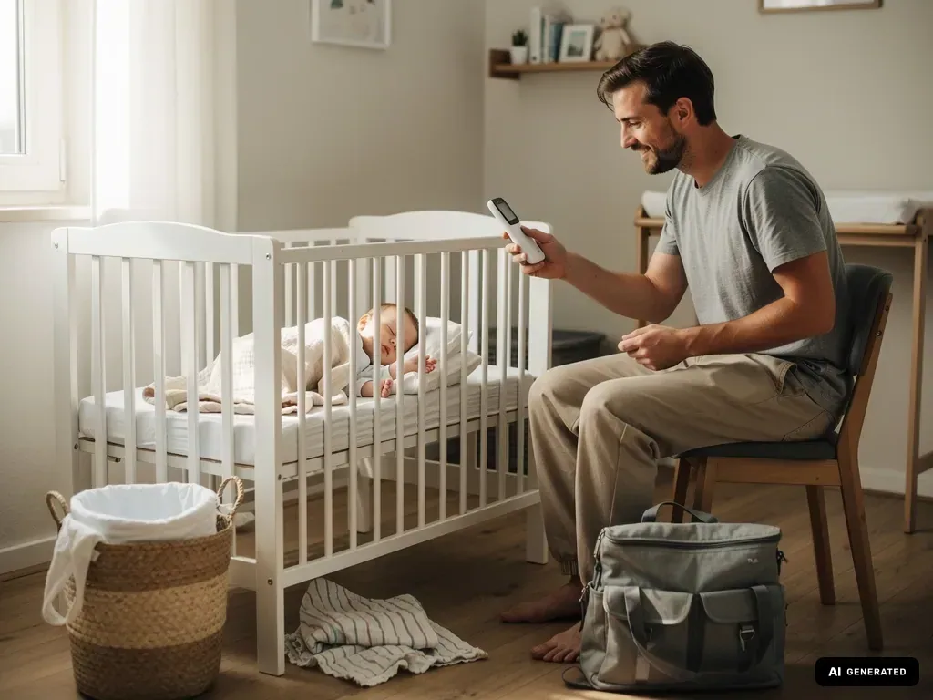 Vater sitzt im Kinderzimmer am Babybett und prüft ein Babyphone, während sein Baby schläft. (mit KI erstellt)