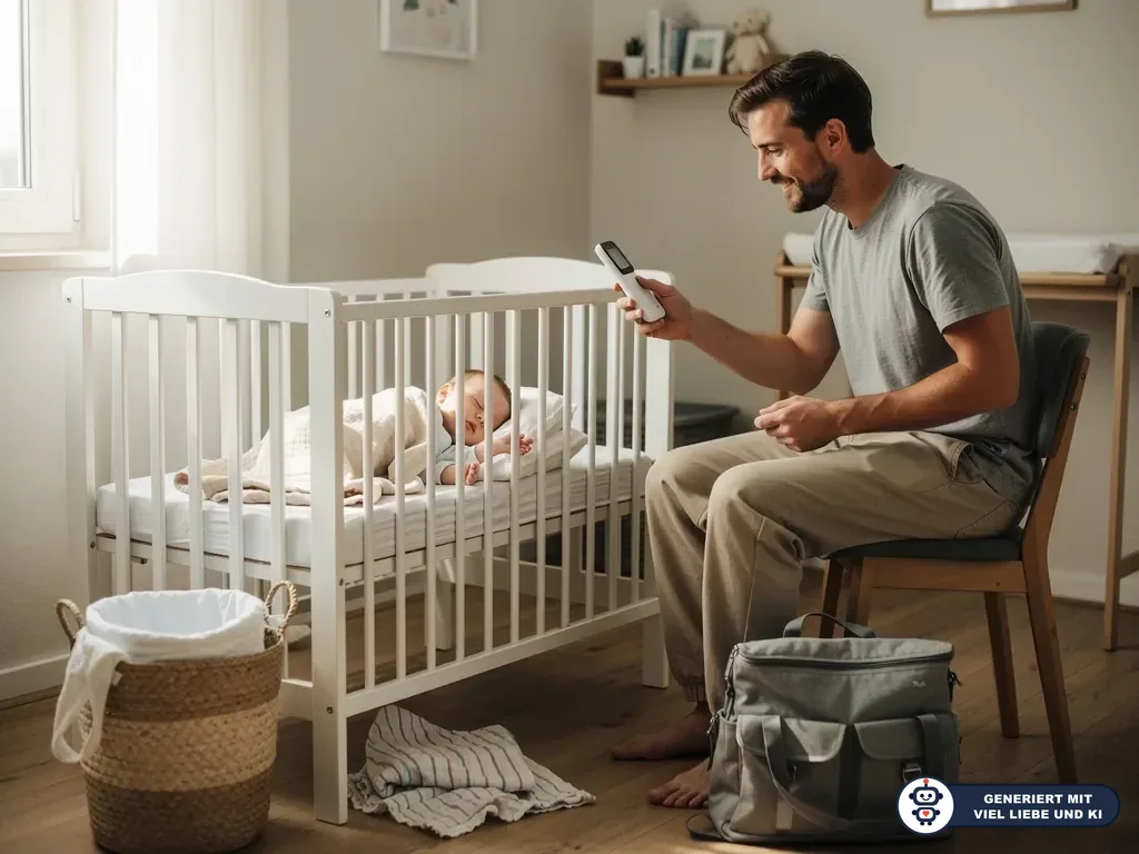 Vater sitzt im Kinderzimmer am Babybett und prüft ein Babyphone, während sein Baby schläft. (mit KI erstellt)