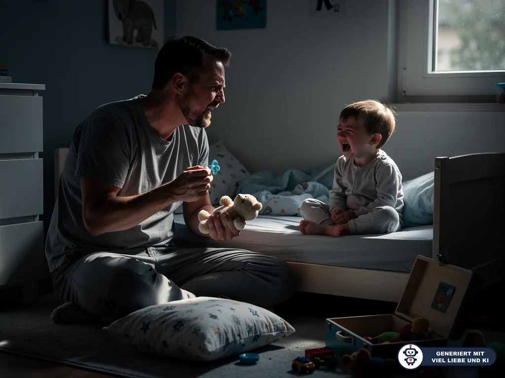 Vater sitzt im Kinderzimmer am Bett und hält Schnuller und Kuscheltier, während ein Kleinkind weint. (mit KI erstellt)