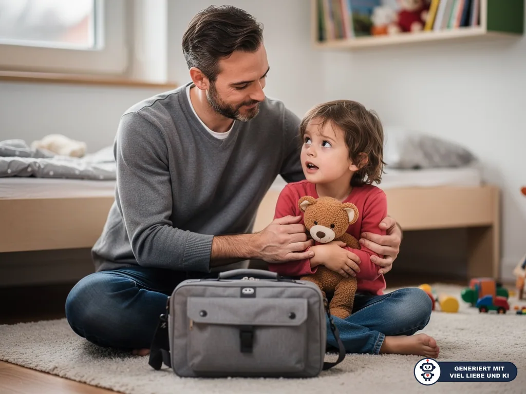 Vater sitzt im Kinderzimmer neben seinem Kind, das einen Teddy hält; vor ihnen steht eine gepackte Tasche. (mit KI erstellt)