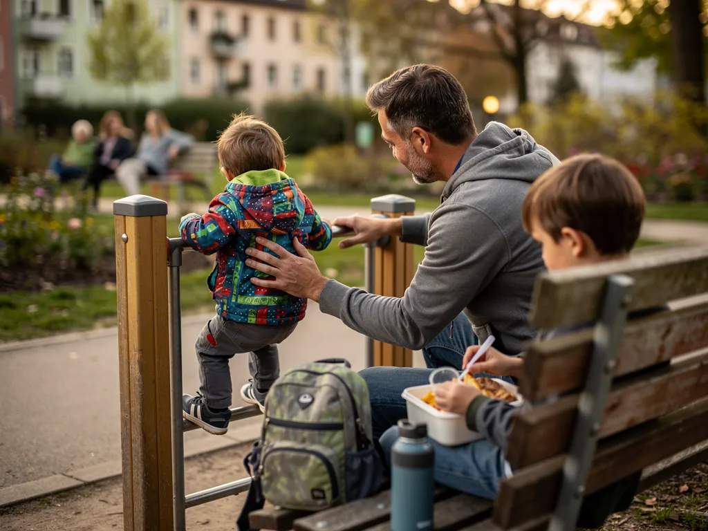 Vater sitzt im Park mit zwei Kindern; ein Kleinkind klettert am Geländer, ein älteres Kind isst auf der Bank.