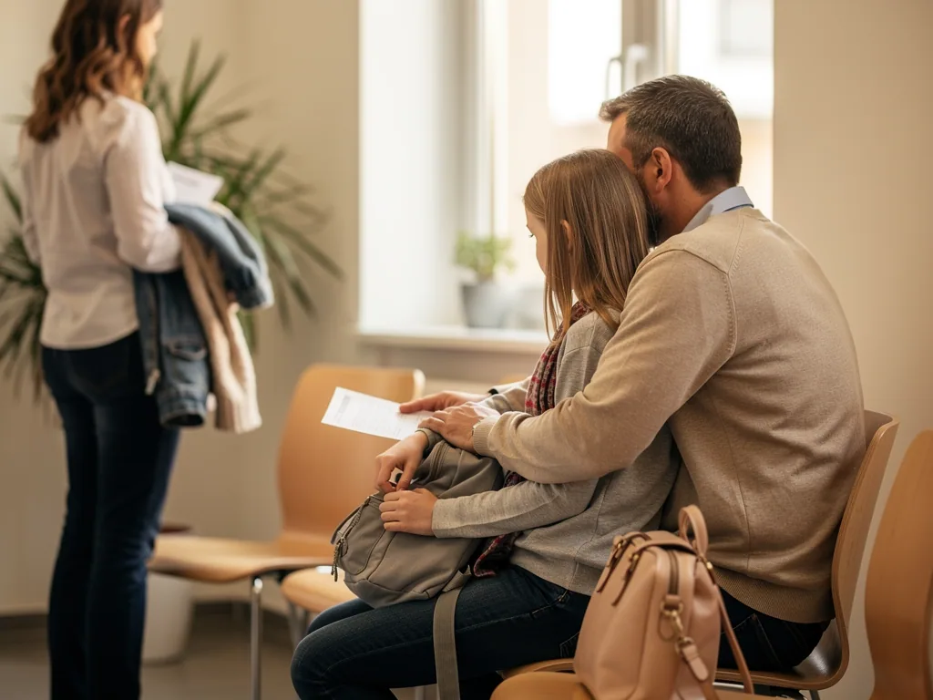 Vater sitzt im Wartezimmer eng neben seiner Tochter, beide sehen auf ein Infoblatt; eine Ärztin steht im Hintergrund.