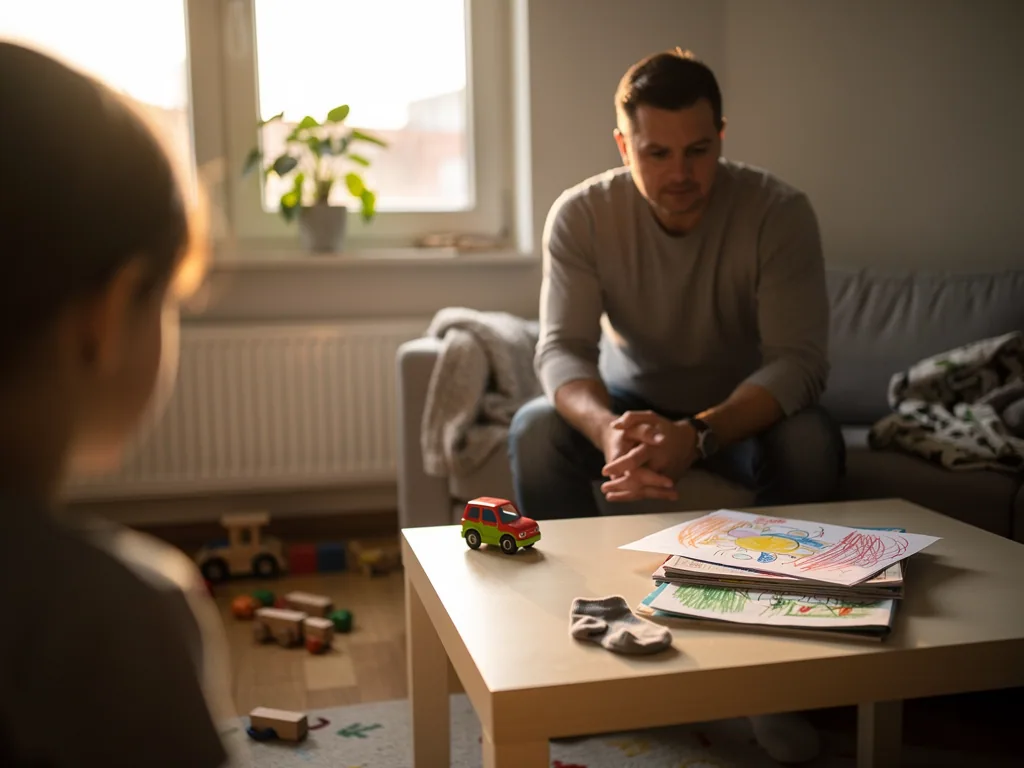 Vater sitzt im Wohnzimmer einem Kind gegenüber, auf dem Tisch liegen Spielzeugauto und Kinderzeichnungen.