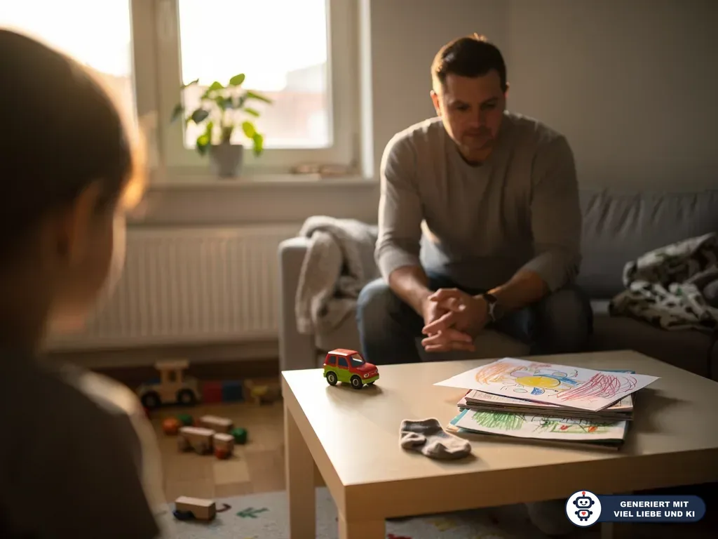 Vater sitzt im Wohnzimmer einem Kind gegenüber, auf dem Tisch liegen Spielzeugauto und Kinderzeichnungen. (mit KI erstellt)