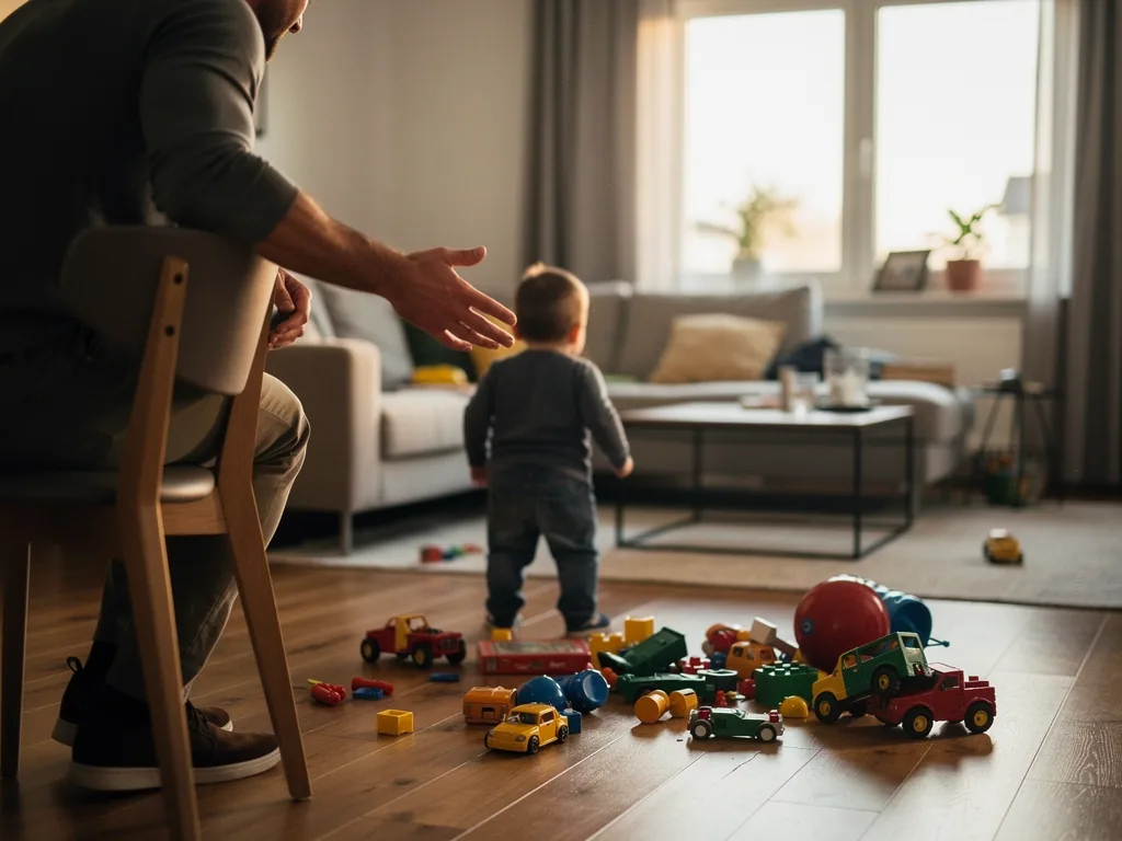 Vater sitzt im Wohnzimmer und streckt die Hand zu einem Kleinkind aus, vor ihnen liegen verstreute Spielsachen.