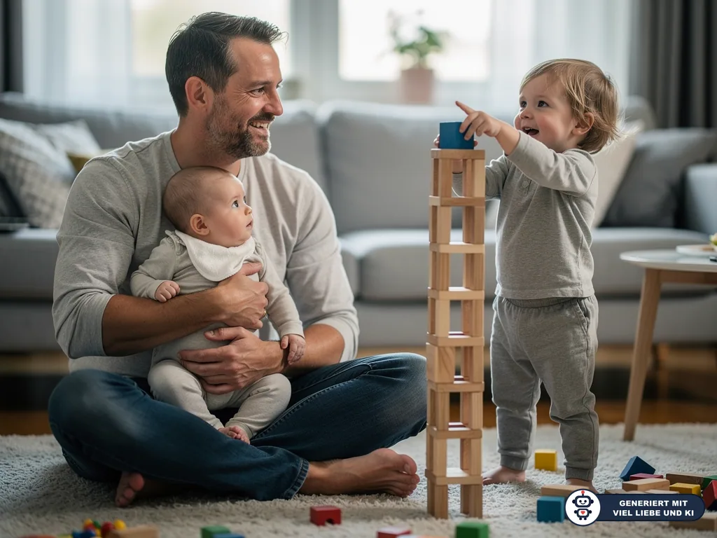 Vater sitzt mit Baby auf dem Schoß, während ein Kleinkind im Wohnzimmer einen hohen Turm aus Holzklötzen baut. (mit KI erstellt)