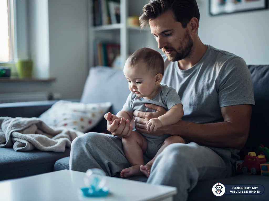 Vater sitzt mit Baby auf dem Sofa; ein Schnuller liegt unscharf auf dem Couchtisch im Wohnzimmer. (mit KI erstellt)