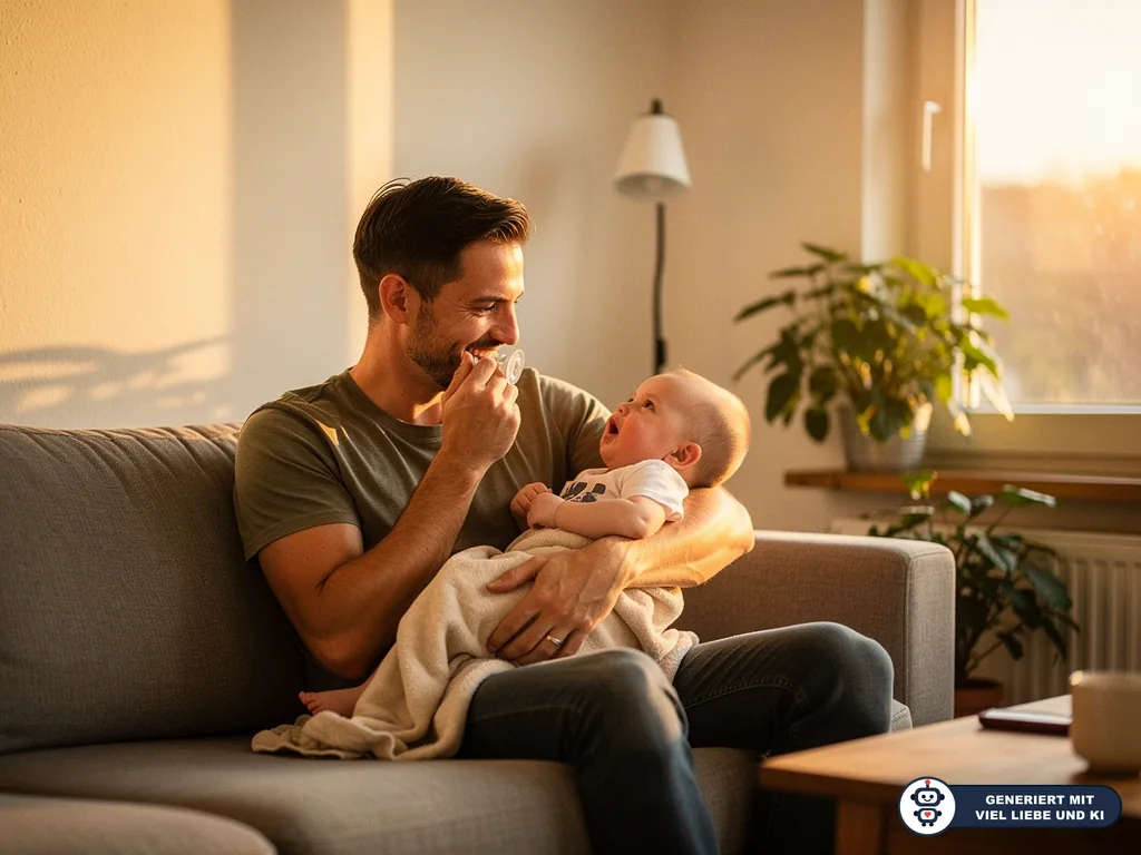 Vater sitzt mit Baby auf dem Sofa und hält ihm lächelnd einen Schnuller vor den Mund. (mit KI erstellt)